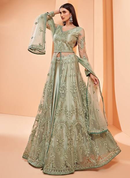 Pista Green Colour Heavy Wedding Wear Embroidery Work Ladies Gown Anarkali Collection 3009